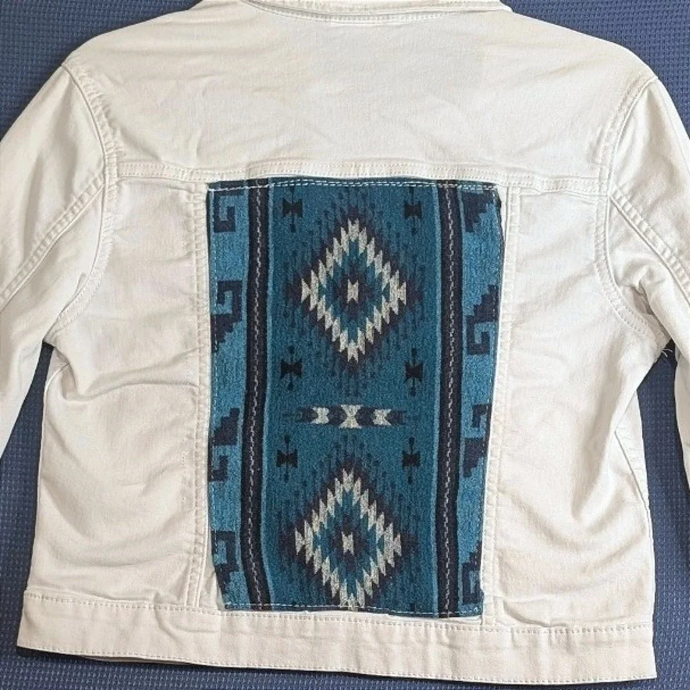 Wonder Nation Girls White Denim Jacket Southwestern Woven Panels XL 14-16 Boho